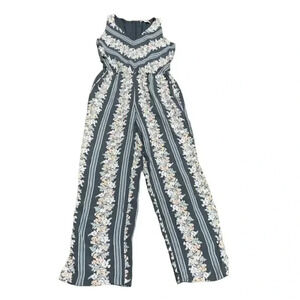 LOFT Floral V-Neck Jumpsuit Smocked Drawstring Waist Gray Size S Casual Party
